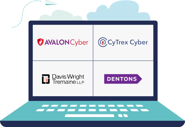laptop with logos: avalon cyber, cytrex cyber, davis wright tremaine, dentons