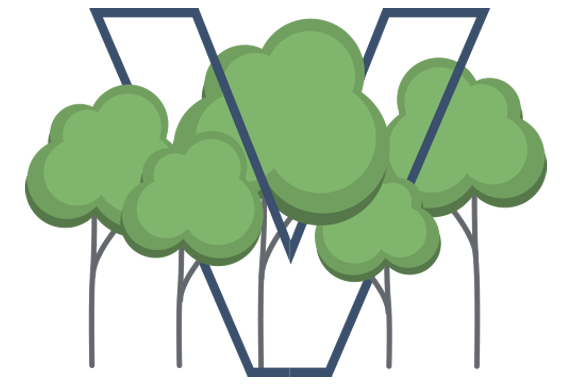 illustrated five deciduous trees with a blue V representing Canopys five year anniversary