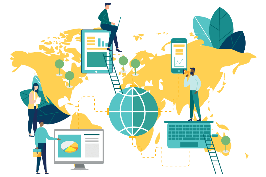 world map with geographic markers and people working across the globe