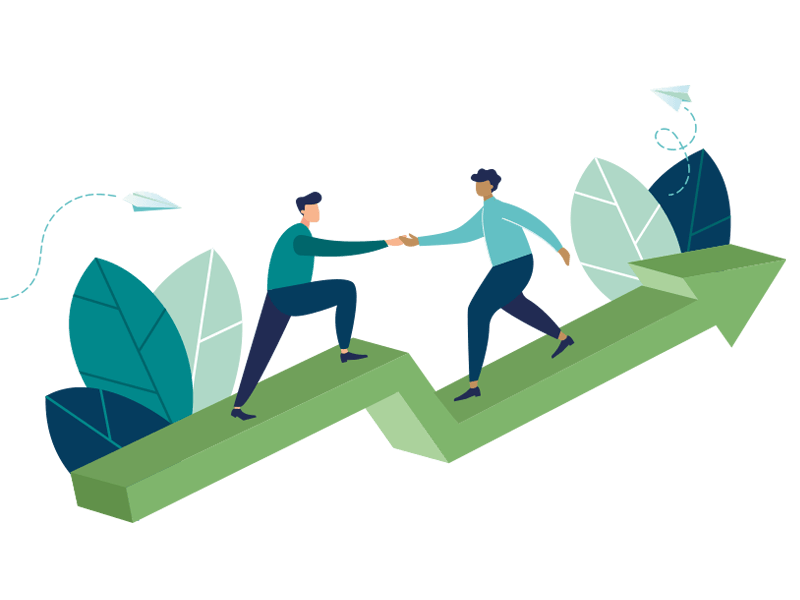 two people helping each other scale up on an upward arrow