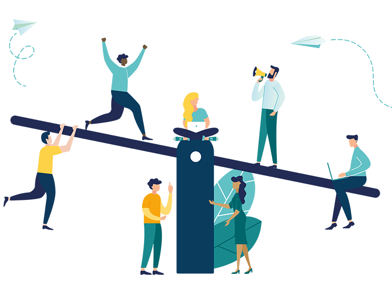 illustrations of people working and celebrating on a giant scale