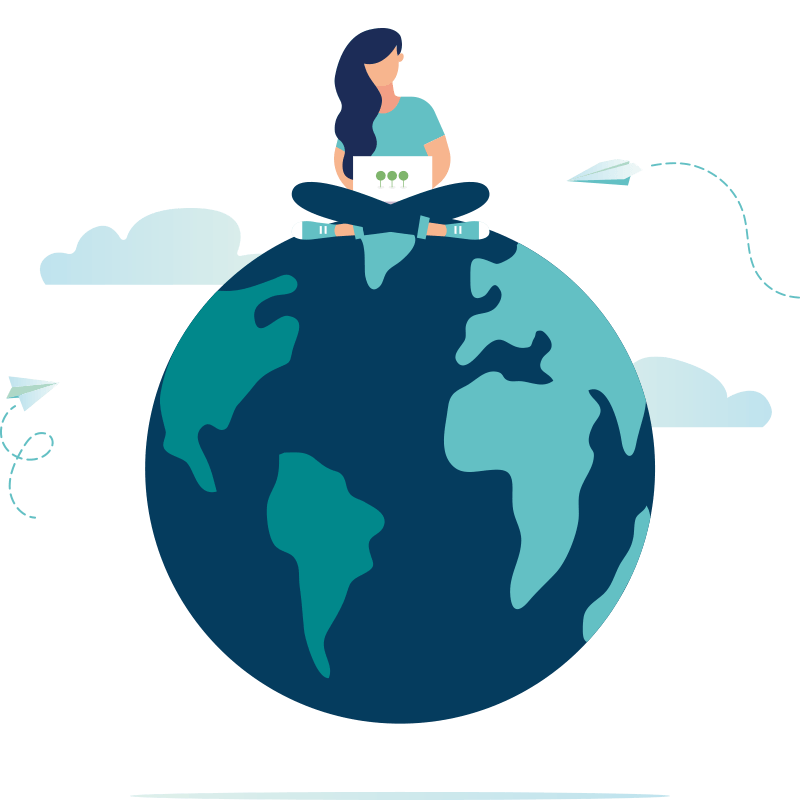female DFIR sitting on top of a globe and working in the Canopy application on a laptop