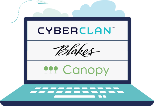 laptop with logos: cyberclan, blakes, and canopy