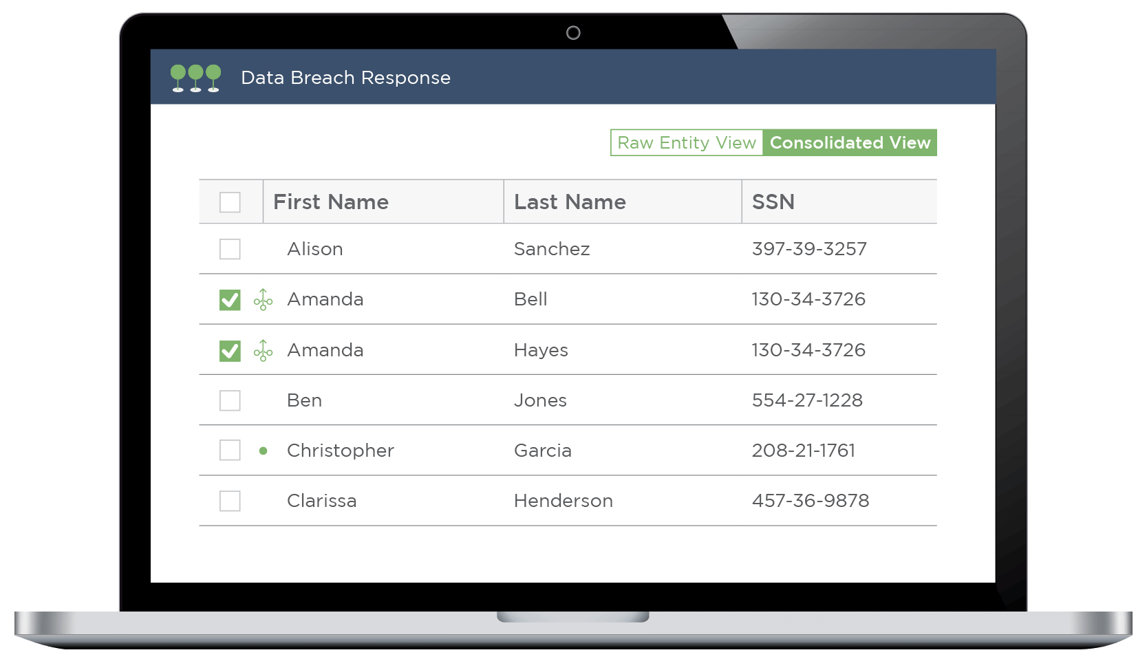 laptop screen with entity consolidation & deduplication tools in Canopys Data Breach Response software